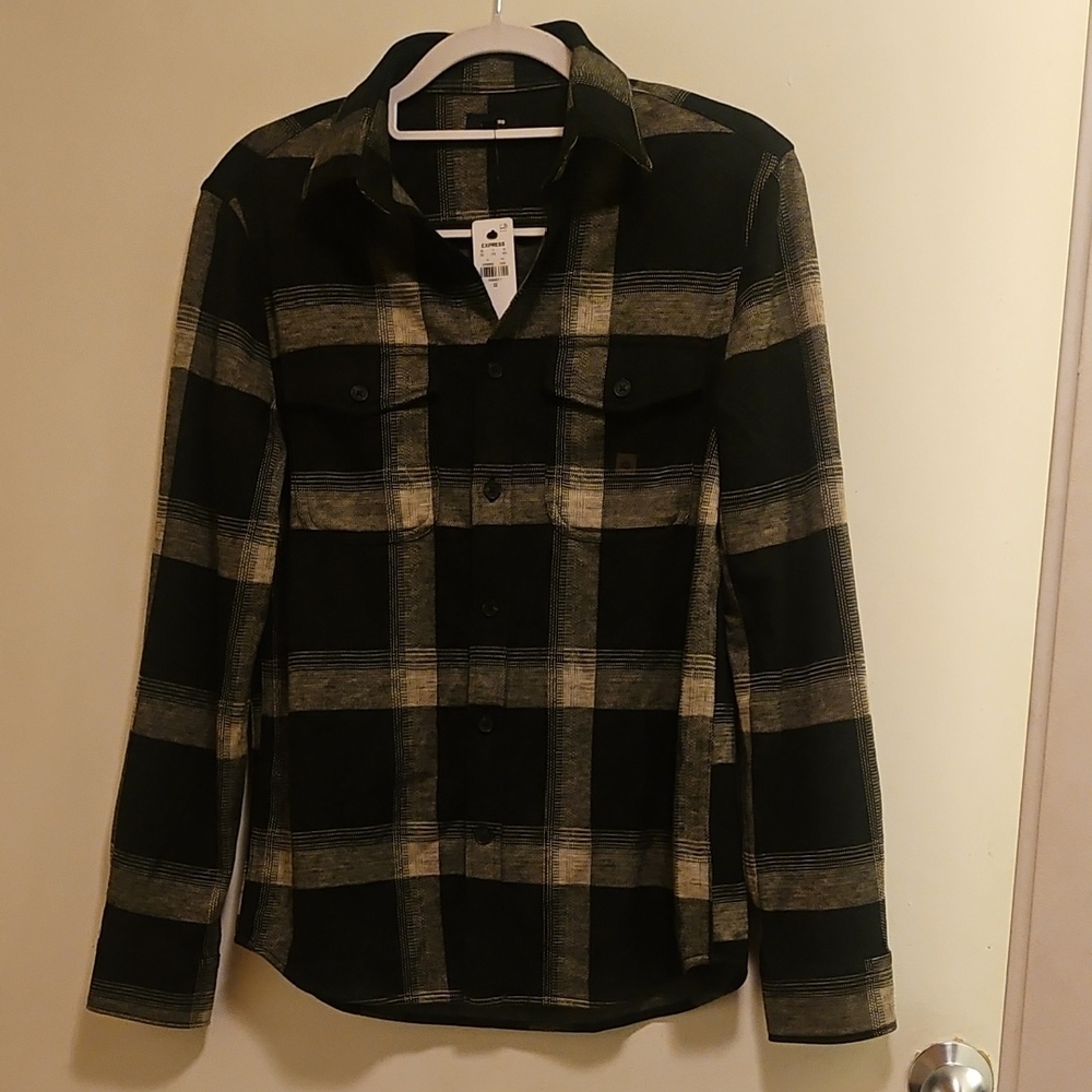 Express Black and Cream Checkered Button Down Shirt